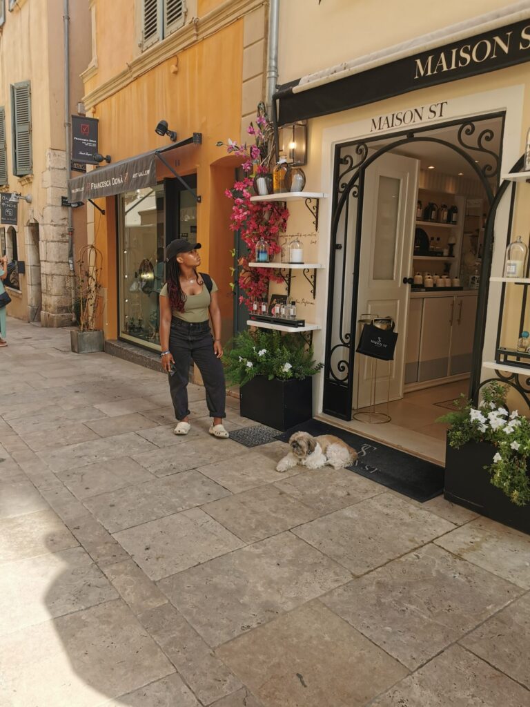 Boutique shop with pink flowers and a small dog resting outside in the streets of Saint Tropez on the French Riviera.