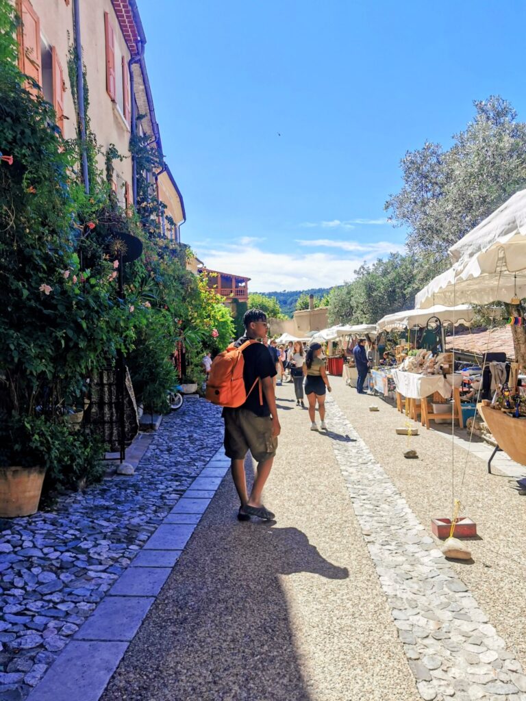 Narrow street in Sainte-Croix-du-Verdon with market stalls and people walking through.
