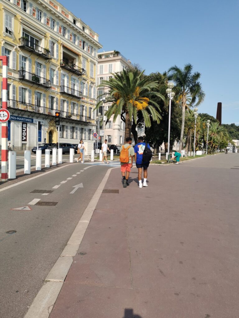 People walking along the Promenade des Anglais in Nice with palm trees and pastel buildings.