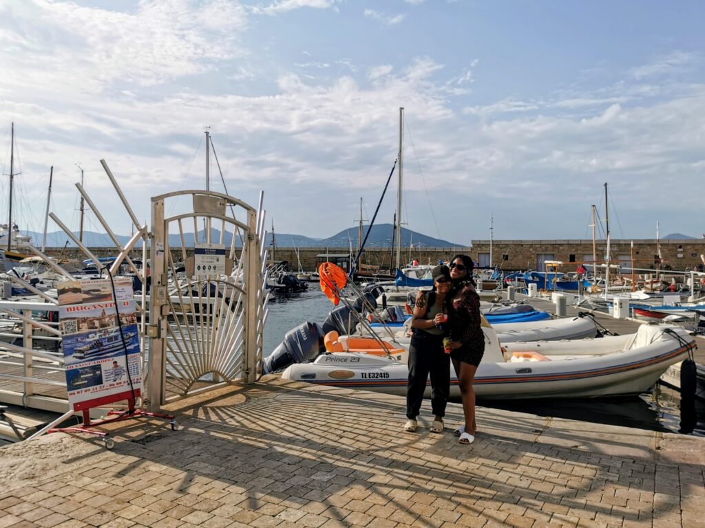 
Standing together beside the marina in Saint-Tropez during our family holiday.