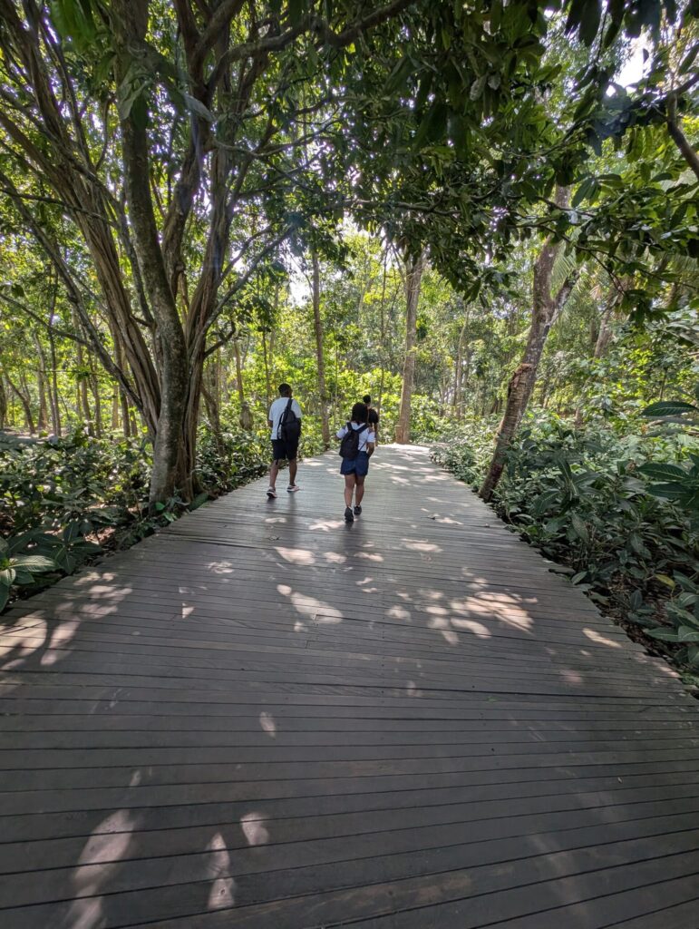 Family walking through tropical gardens in Ubud, Bali.